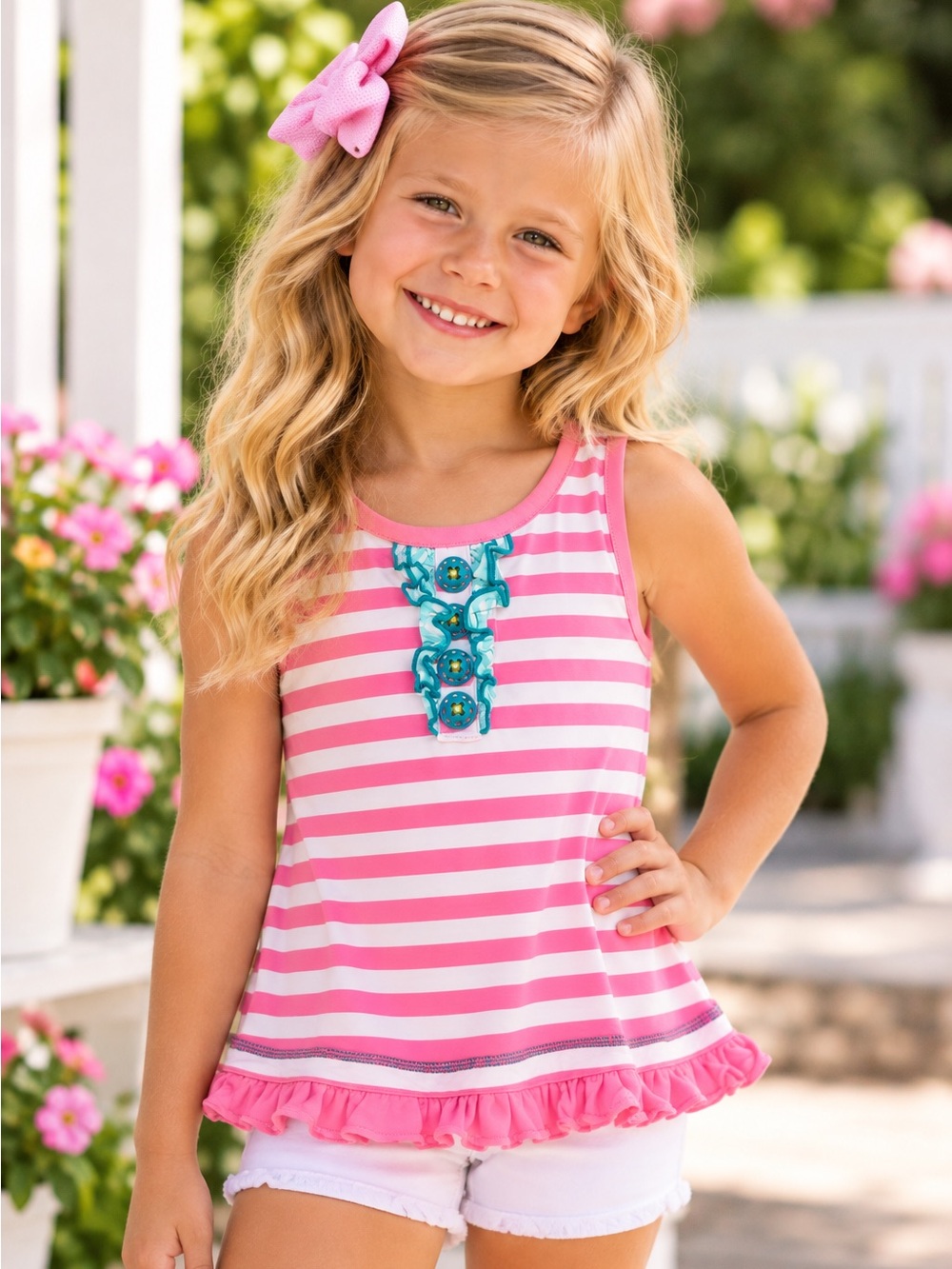 Matilda Jane Girls Size 4 Pink Striped Ruffle Tunic Tank Top